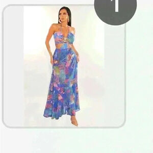 Royal Blue Tropical Print Padded Cut-Out Mermaid Maxi Dress.